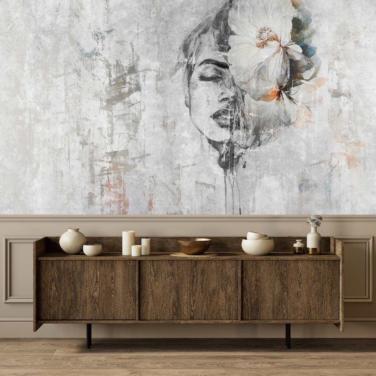 FOTOTAPETE für Schlafzimmer Frau Porträt Blume Beton Abstraktion 400x280 - Blau/Orange, Papier (400/280cm) - Muralo
