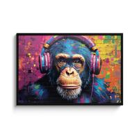 POSTER MIT RAHMENGERAHMTES BILD Graffiti - Schimpanse - Straßenkunst - Kopfhörer - Affe 120x80 cm - Blau, Papier (120/80cm) - MuchoWow