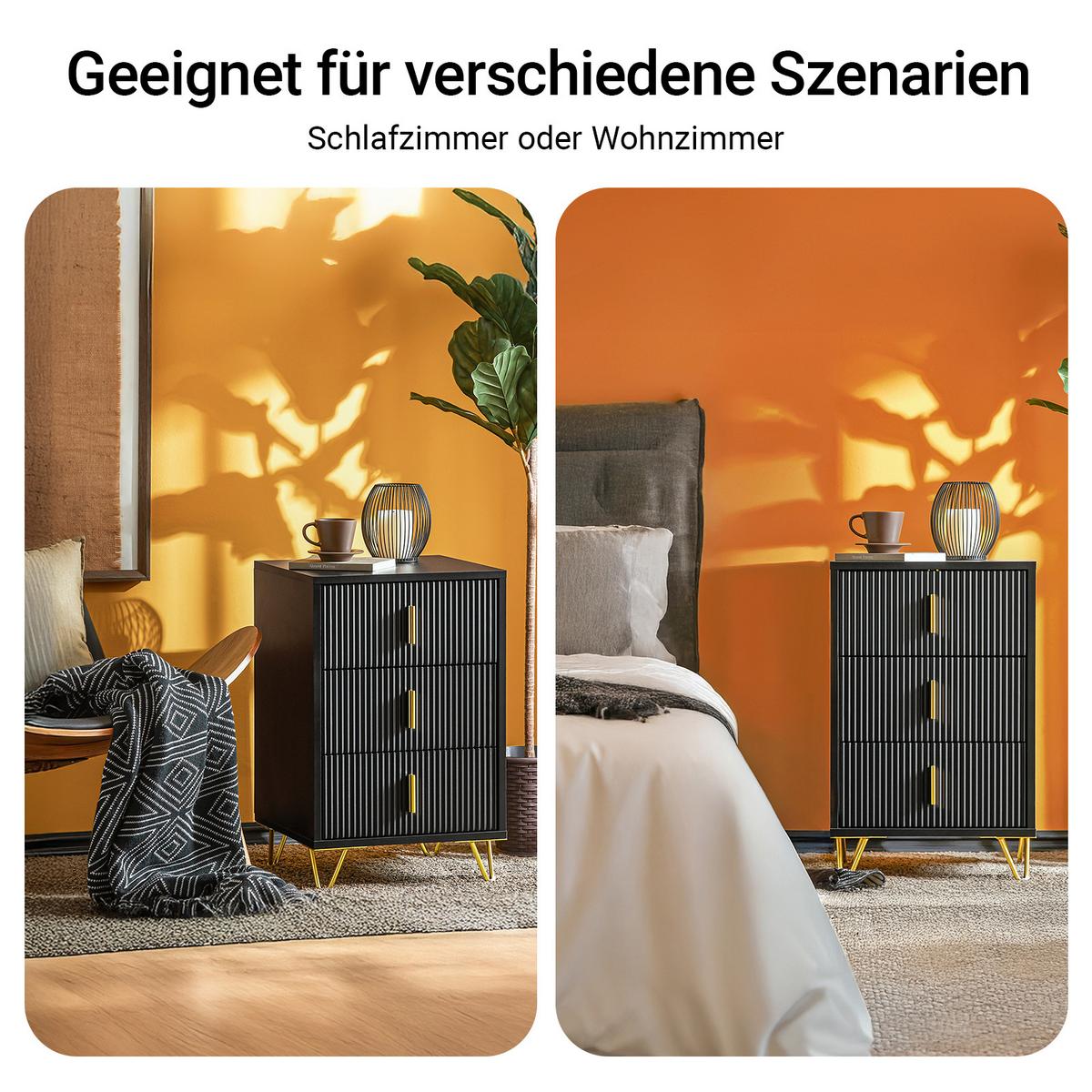 NACHTTISCH mit 3 Schubladen, Schwarz, 40x63x40cm - Schwarz, Holzwerkstoff/Metall (40/63/40cm) - SoBuy