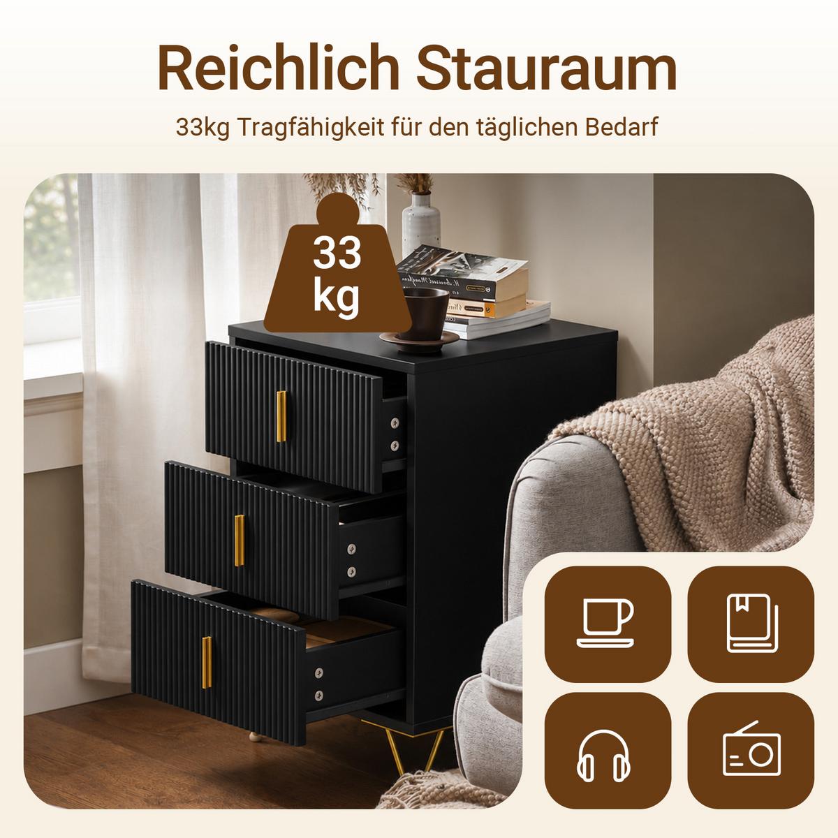 NACHTTISCH 2er Set, Beistelltisch mit 3 Schubladen modern Schwarz 40x40x63cm - Schwarz, Holzwerkstoff (40/63/36cm) - SoBuy