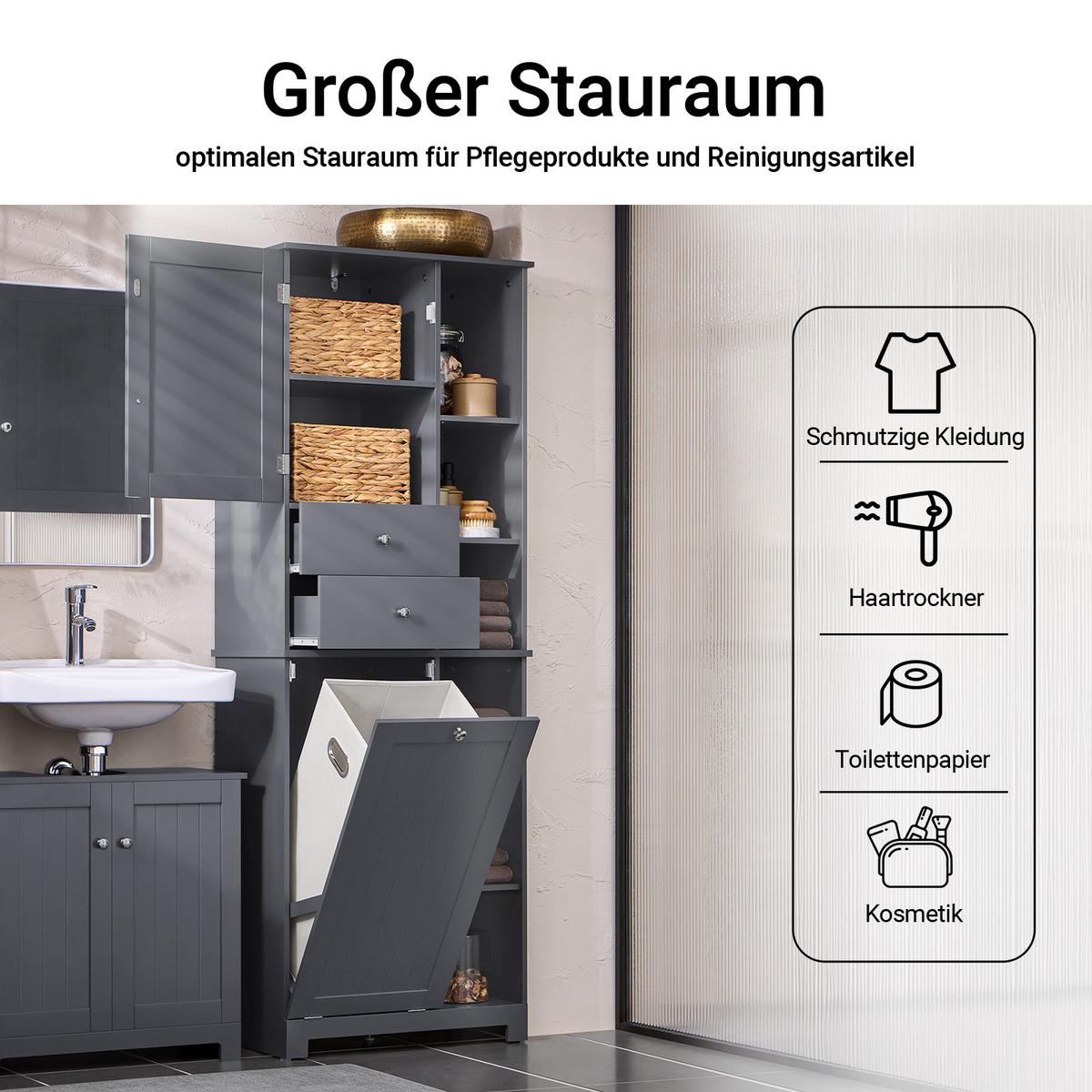 HOCHSCHRANK mit Wäschesack, Grau, Badschrank 60 cm breit, Bad & Waschküche - Grau, Holzwerkstoff (60/170/37cm) - SoBuy