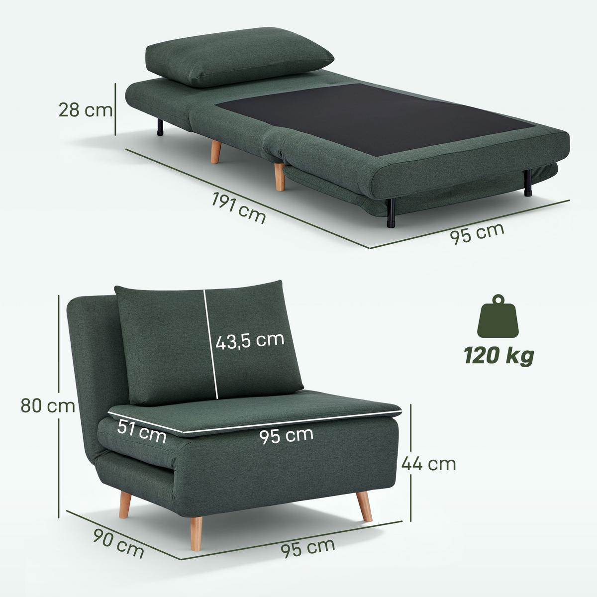 SCHLAFSESSEL 3-in-1 Sessel Bett-Funktion, verstellbare Rückenlehne - Dunkelgrün/Buchefarben, Buchenholz/Textil (90/80/95cm) - HOMCOM