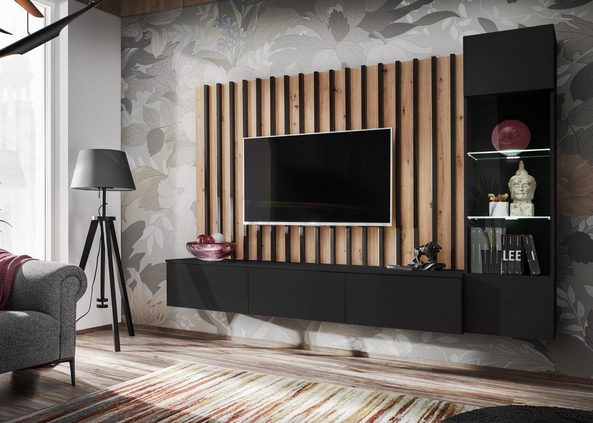WOHNWAND schwarz, Artisan Eiche 220 cm, Schrankwand inkl. LED Beleuchtung - Schwarz/Eiche Artisan, Glas/Holzwerkstoff (220/148/35cm) - Furn.Design