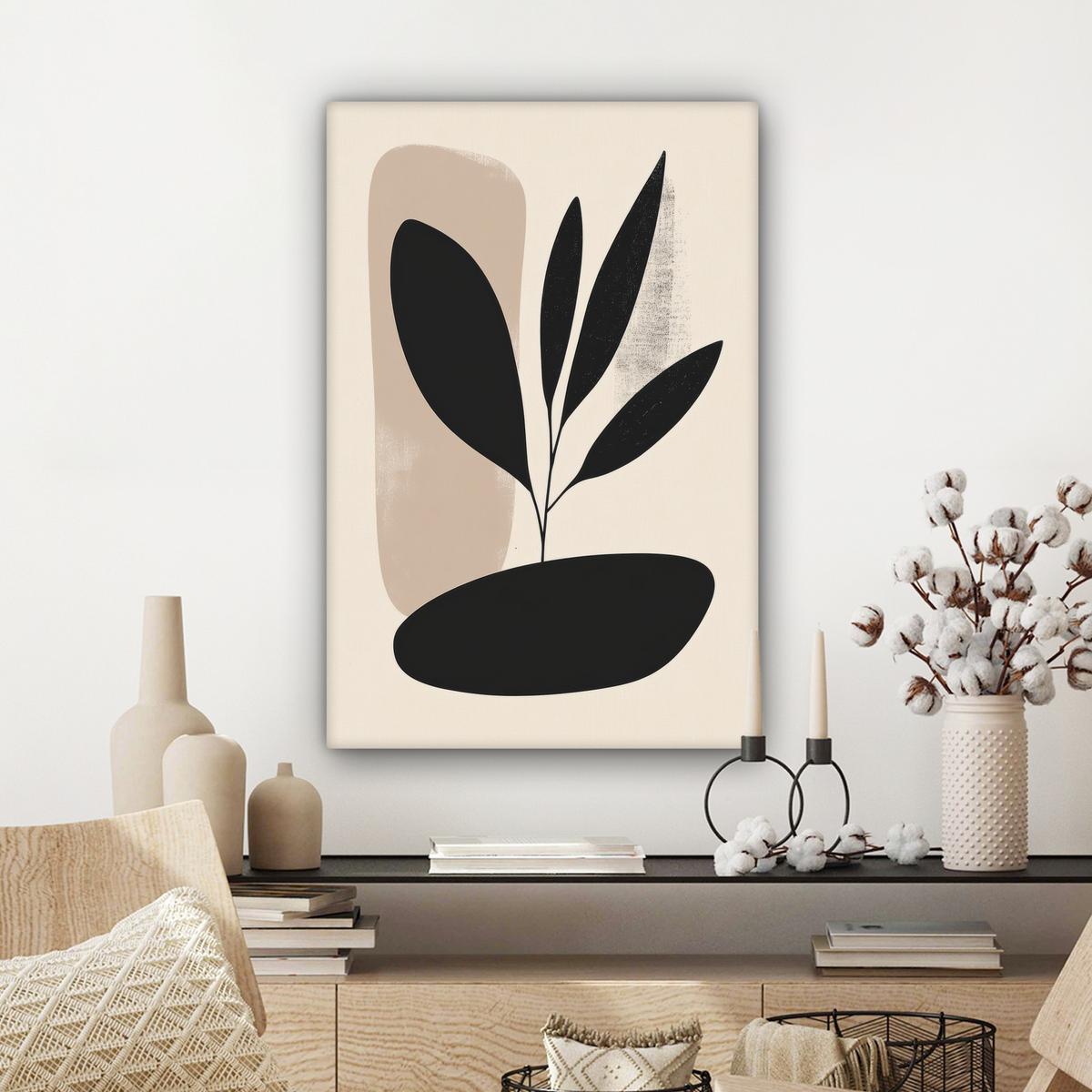 LEINWANDBILD Pflanze - Beige - Japanisch Wanddeko 40x60 cm - Schwarz, Textil (40/60cm) - MuchoWow