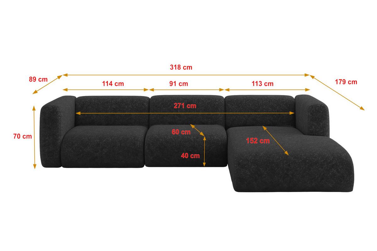 ECKSOFA Ottomane Rechts MIRA-L2 318x179x89 Schwarz Velours - Schwarz, Holzwerkstoff/Kunststoff (318/179cm) - ALTDECOR