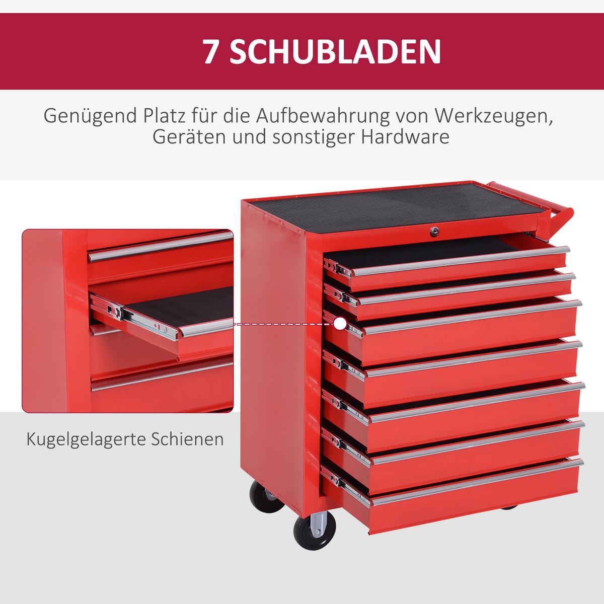 WERKSTATTWAGEN mit Rollen, Werkzeugwagen mit 7 Schubladen, abschließbar Stahl - Rot, Metall (33/75/69cm) - DURHAND