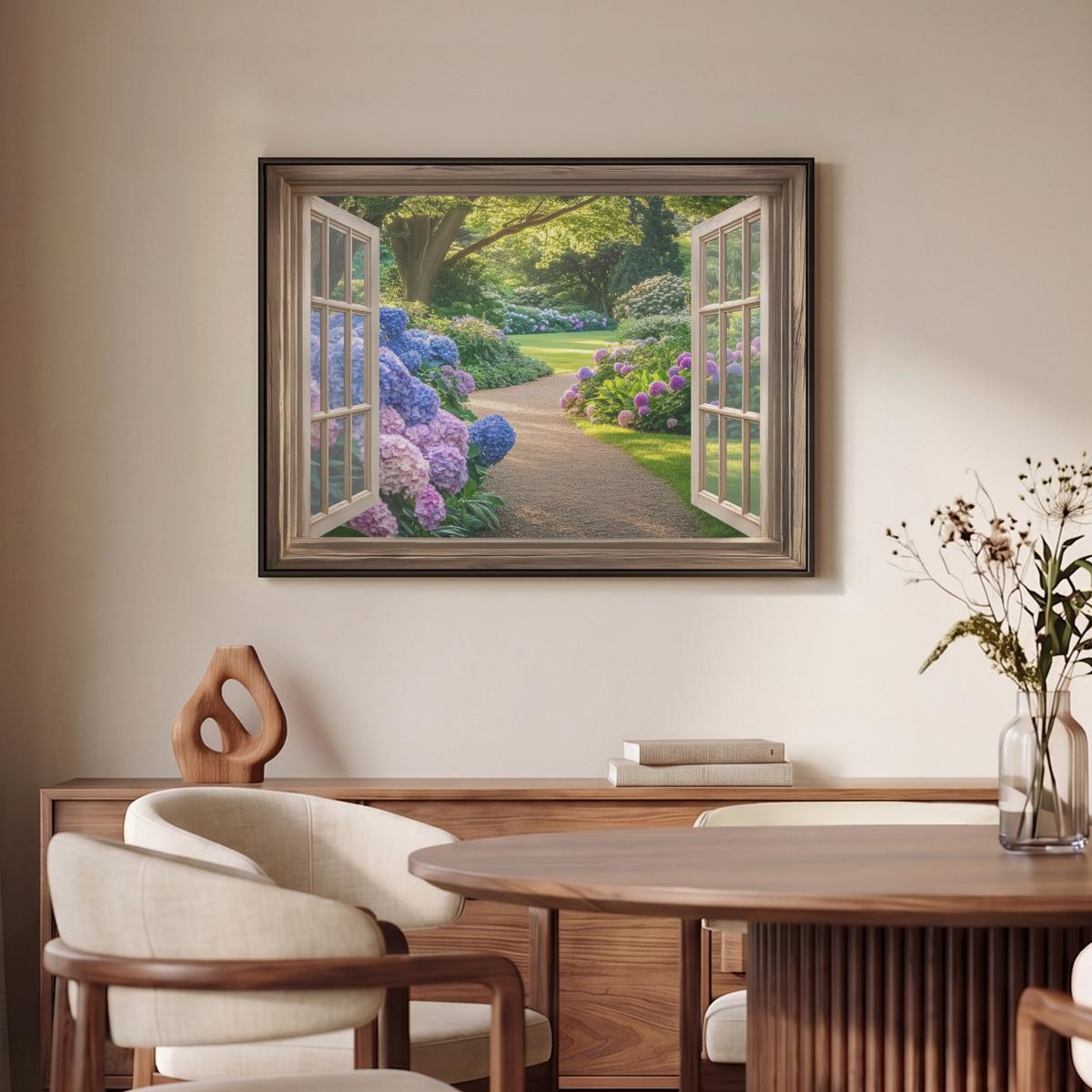 LEINWAND Bilder mit Rahmen - Aussicht - Garten - Fenster - Hortensie - Blumen - 80x60 - Pastellblau, Textil (80/60cm) - MuchoWow
