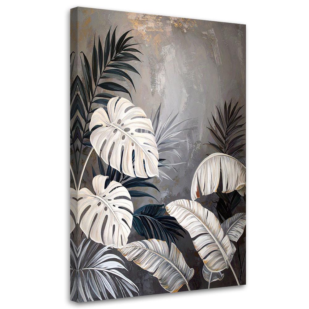WANDBILD, Monstera- und Bananenblätter auf grauem Hintergrund - Weiß, Textil (60/90cm) - Feeby