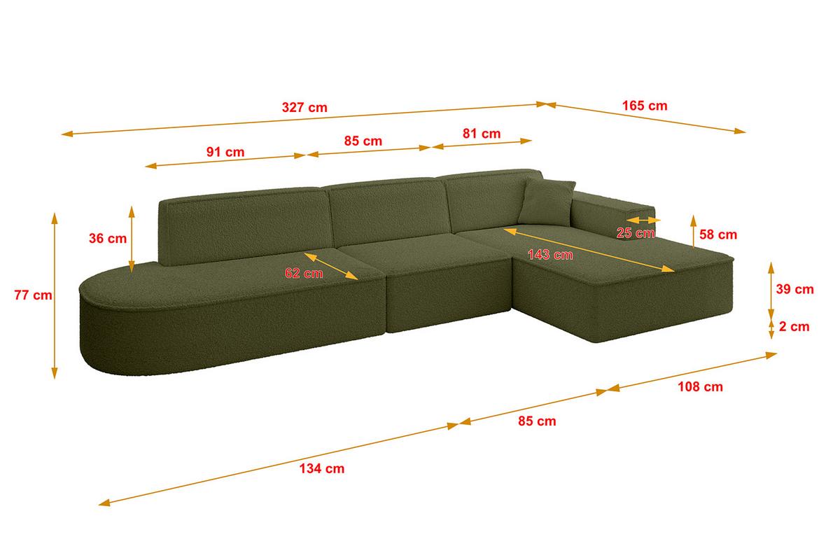 ECKSOFA Ottomane Rechts IREA-L2-v4 - 327x165x77 cm Grün - Platinfarben, Holzwerkstoff/Textil (327/165cm) - ALTDECOR