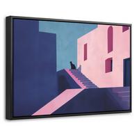 LEINWAND Bilder mit Rahmen - Katze - Treppe - Gebäude - Schattenkontraste - 30x20 - Dunkelblau, Textil (30/20cm) - MuchoWow