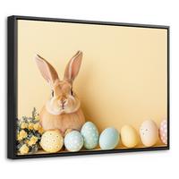 LEINWAND Bilder mit Rahmen - Eier - Kaninchen - Pastellfarbtöne - 40x30 - Hellgelb, Textil (40/30cm) - MuchoWow