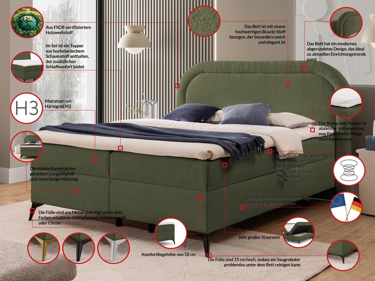 BOXBETT Sonna 200/200 cm Grün Bouclé-Stoff mit abgerundetem Kopfteil und mit schwarzen Metallfüßen - Schwarz/Grün, Holz/Textil (200/200cm) - S-Style Möbel