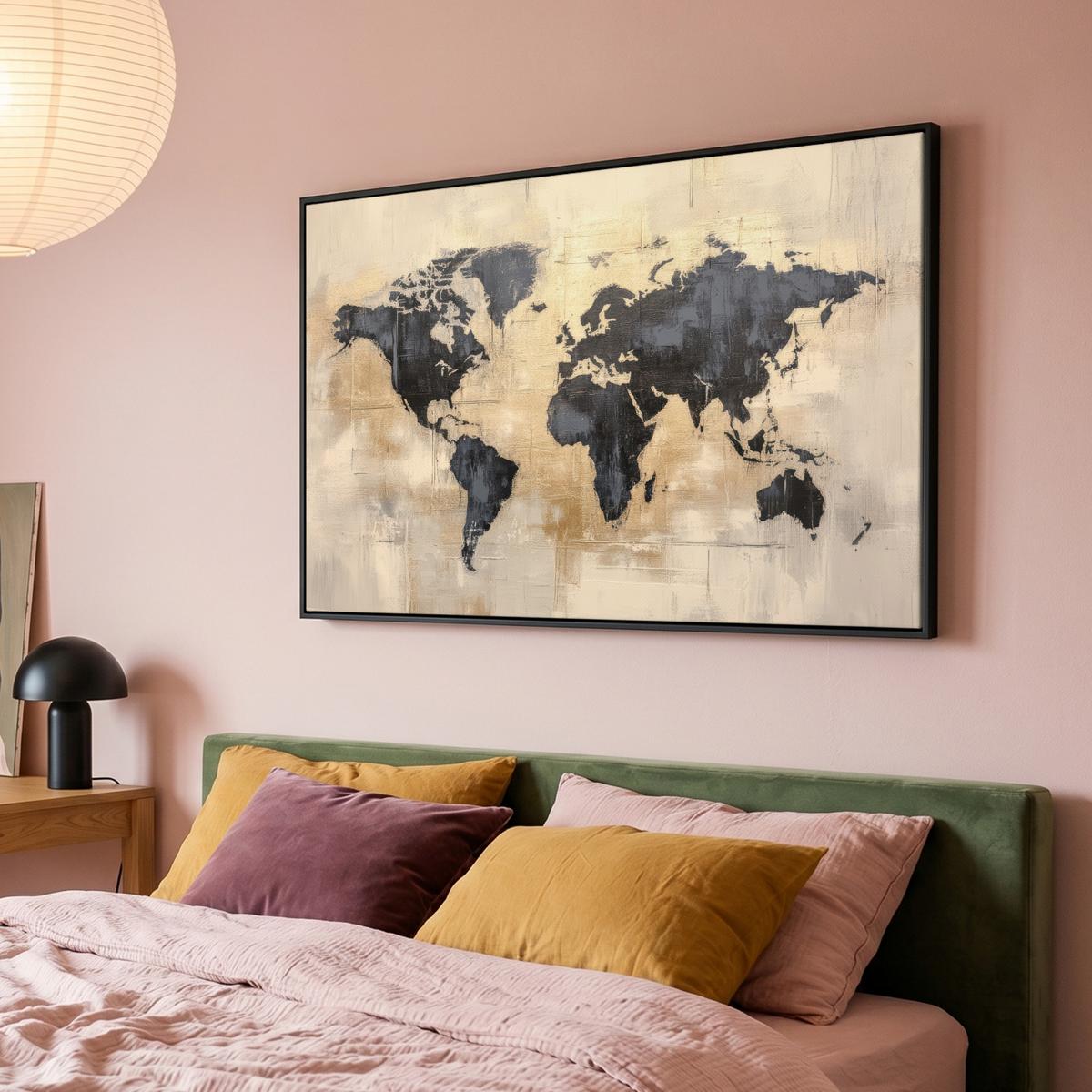 LEINWAND Bilder mit Rahmen - Weltkarte - Gold - Schwarz - Abstrakt - 120x80 - Kupferfarben, Textil (120/80cm) - MuchoWow