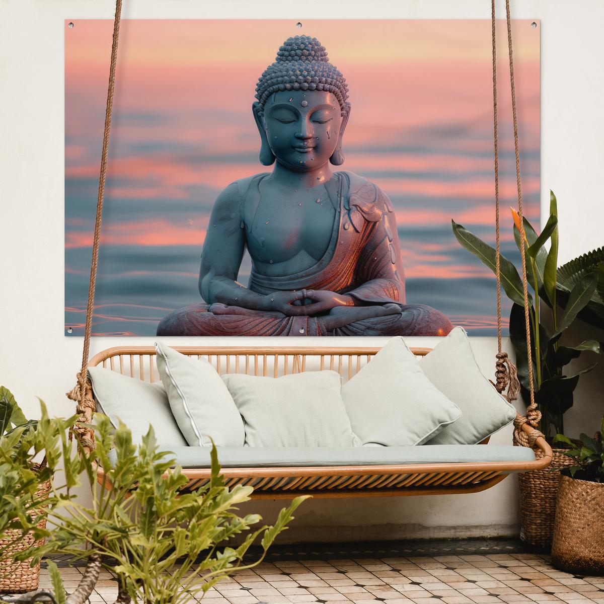 GARTENPOSTER Buddha - Statue - Buddha - Wasser - Kunst - Buddha Poster für draußen 180x120 cm - Blaugrau, Kunststoff (180/120/0.2cm) - OnlyWow