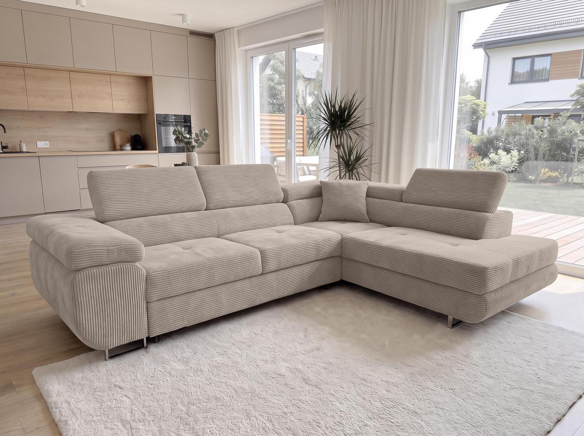ECKSOFA L Form Konak Beige 276/201/90 cm Rechts mit Schlaffunktion - Beige/Silberfarben, Textil/Metall (276/203cm) - AX Living