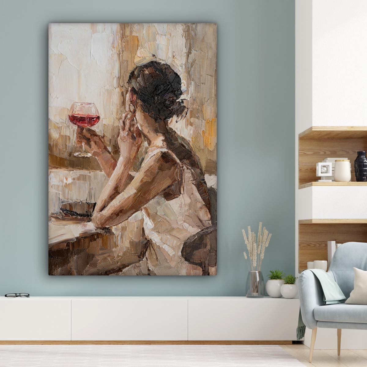 LEINWANDBILD Ölgemälde - Frau - Wein Deko Groß 90x140 cm - Hellbraun, Textil (90/140cm) - MuchoWow