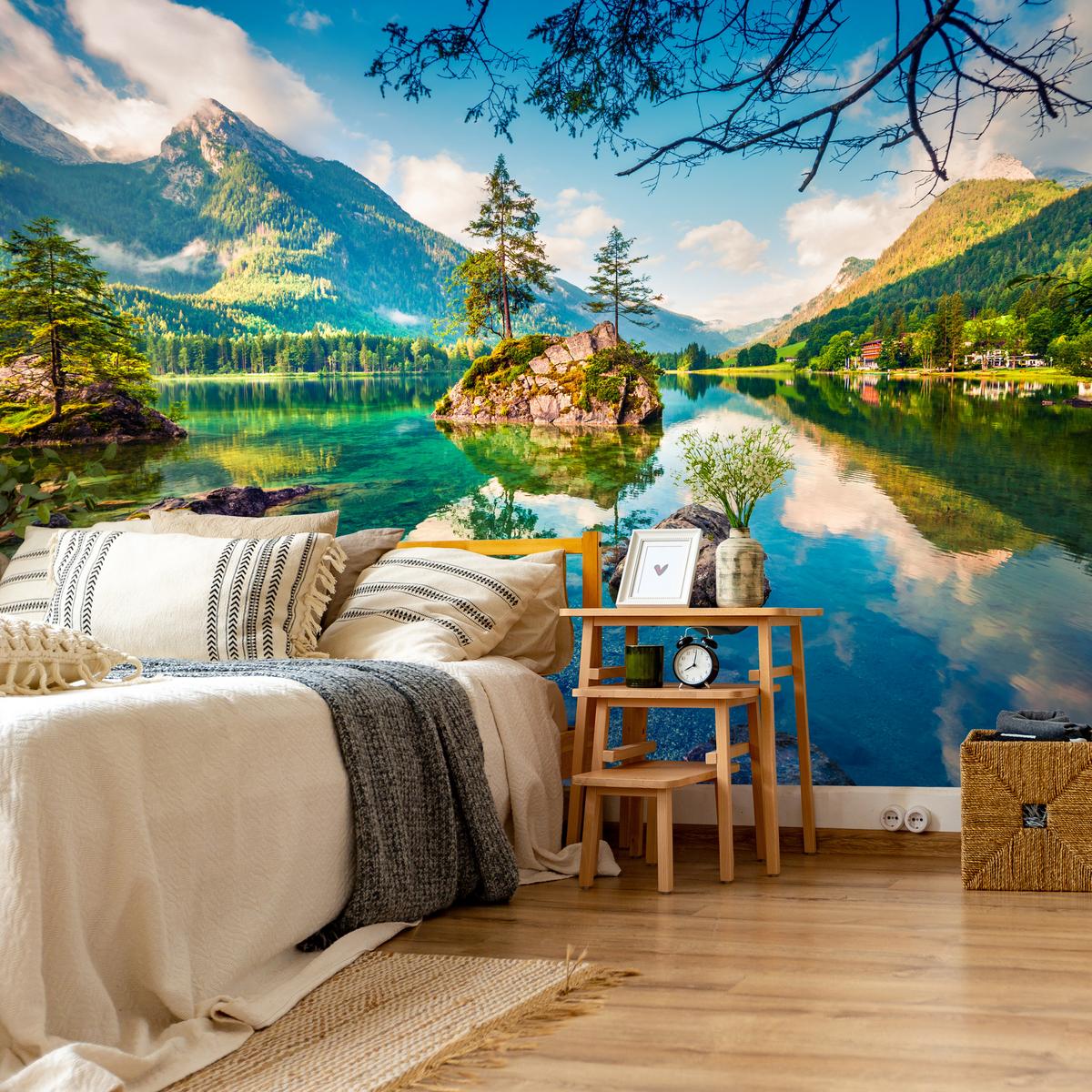 FOTOTAPETE für Schlafzimmer Bergsee Nadelbäume Felsen Natur Landschaft 150x105 - Türkis/Beige, Papier (150/105cm) - Muralo