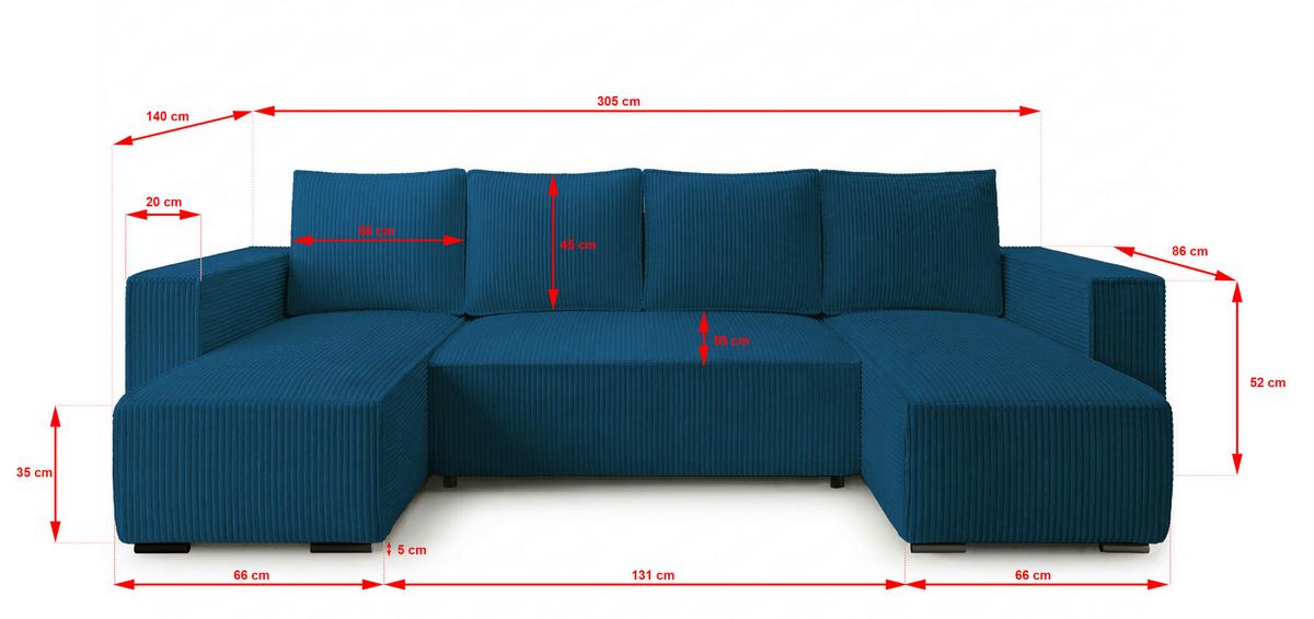 WOHNLANDSCHAFT CUDDY U mit Schlaffunktion und Bettkasten, Farbe: Blau, Cordstoff - Blau, Textil (305/85/140cm) - Storez24