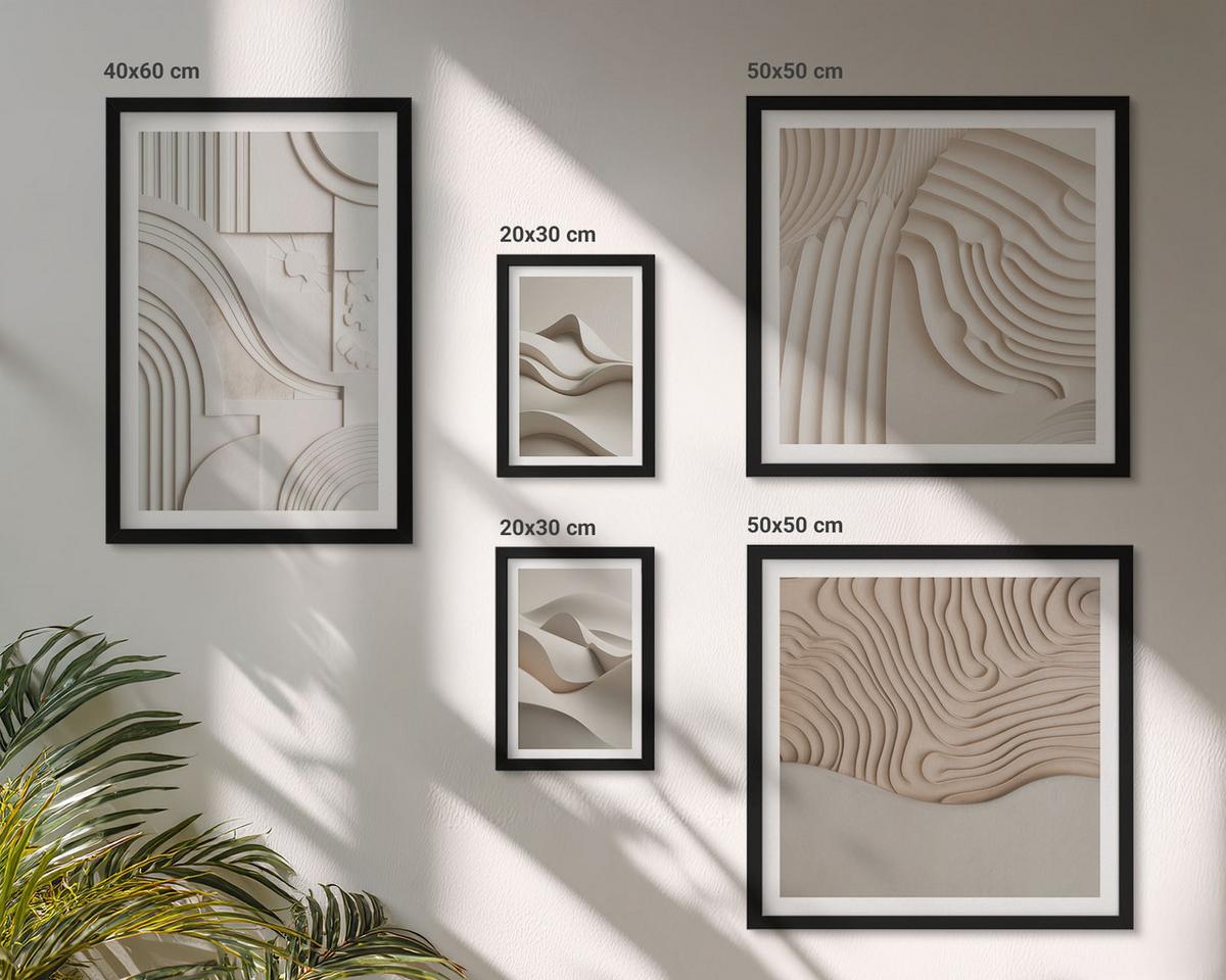 BILDER SET 5er Set - 50x50 cm & 20x30 cm & 40x60 cm Schwarzer Rahmen - Abstrakte beige Wellen - Schwarz, Kunststoff (40/60cm) - TULUP