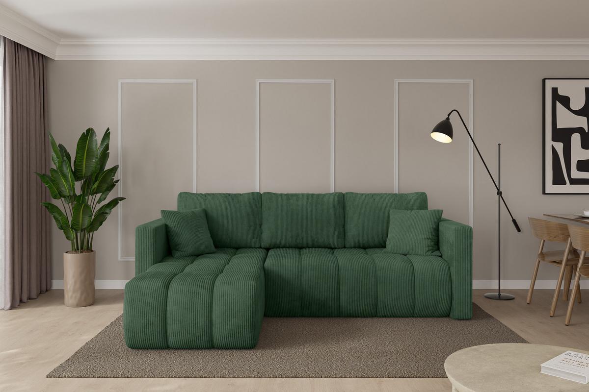 ECKSOFA mit Schlaffunktion Ottomane Links GARD-L 226x146x85 Grün Cord - Dunkelgrün/Schwarz, Holzwerkstoff/Kunststoff (226/146cm) - ALTDECOR