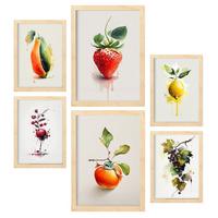 POSTER Set Mit 6 Lebendige Früchte Plakate Von Obst Gemüse & Gesunden Lebensmitteln Im Aquarell Kunst Auf Reinweißen A3 & A4 Rahmen Aus Hellem Holz - Beige, Papier (29/3cm) - Nacnic