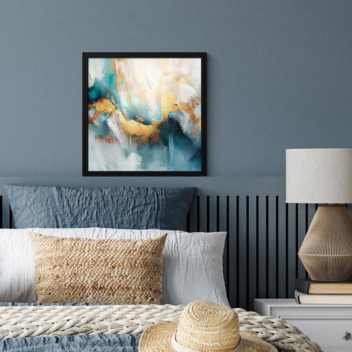POSTER MIT RAHMENGERAHMTES BILD Abstrakt - Kunst - Gold - Blau 40x40 cm - Petrol, Papier (40/40cm) - MuchoWow