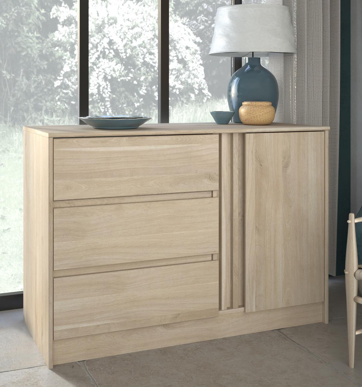 KOMMODE Eiche japanisch 110 cm, Sideboard mit 3 Schubladen - Eichefarben, Holzwerkstoff (110/77/50cm) - Parisot Meuble