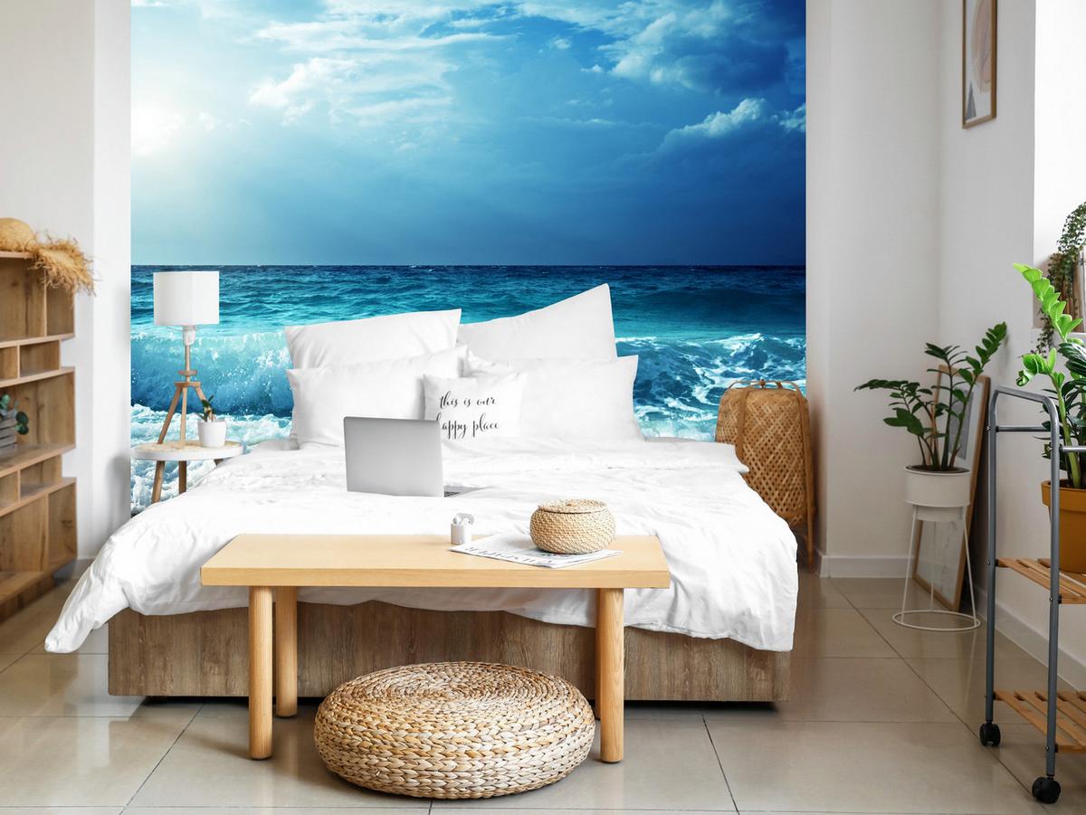 FOTOTAPETE Meer Wellen Strand Landschaft 3D 100x70 - Blau/Beige, Papier (100/70cm) - Muralo