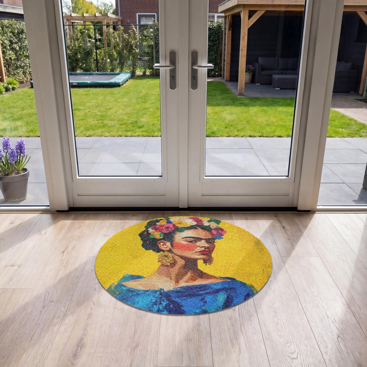 FUSSMATTE Frida Kahlo - Frau - Gelb - Blau - Blumen Schmutzfangmatte 90x90 cm - Gelb, Kunststoff (90/0.4cm) - MuchoWow
