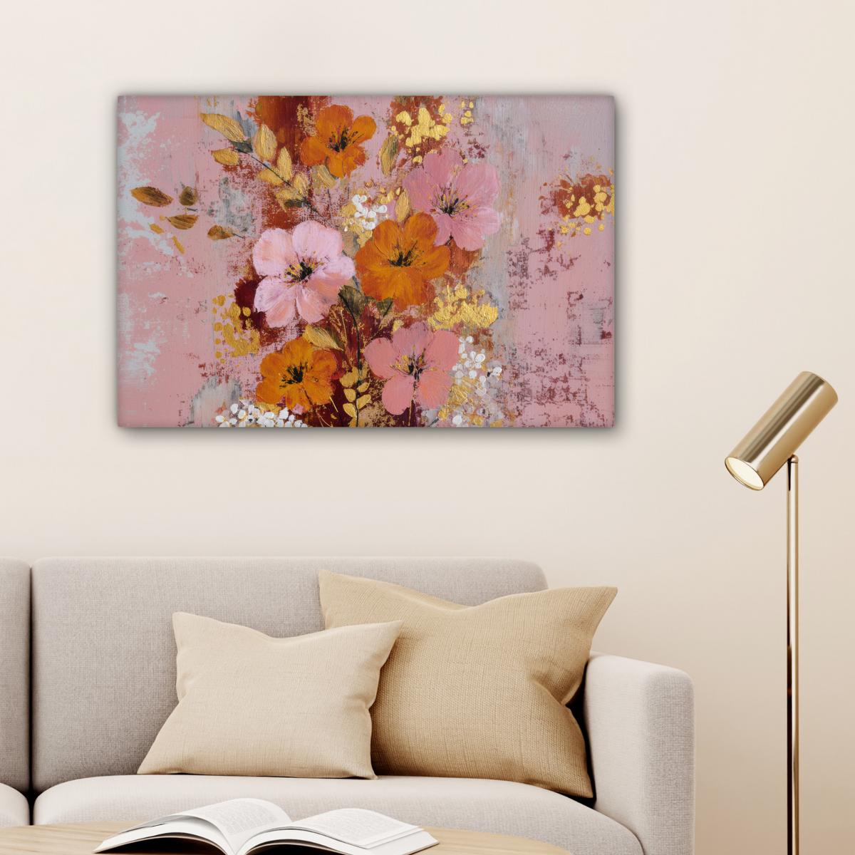 LEINWANDBILD Malerei - Blumen - Rustikal - Rosa Wanddeko 90x60 cm - Altrosa, Textil (90/60cm) - MuchoWow