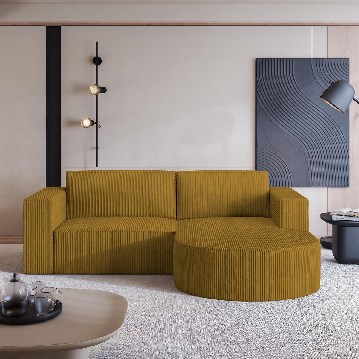 ECKSOFA SORELA P R-S Gelb Kordstoff mit Schlaffunktion - Gelb, Holz (263/174cm) - MASSENO