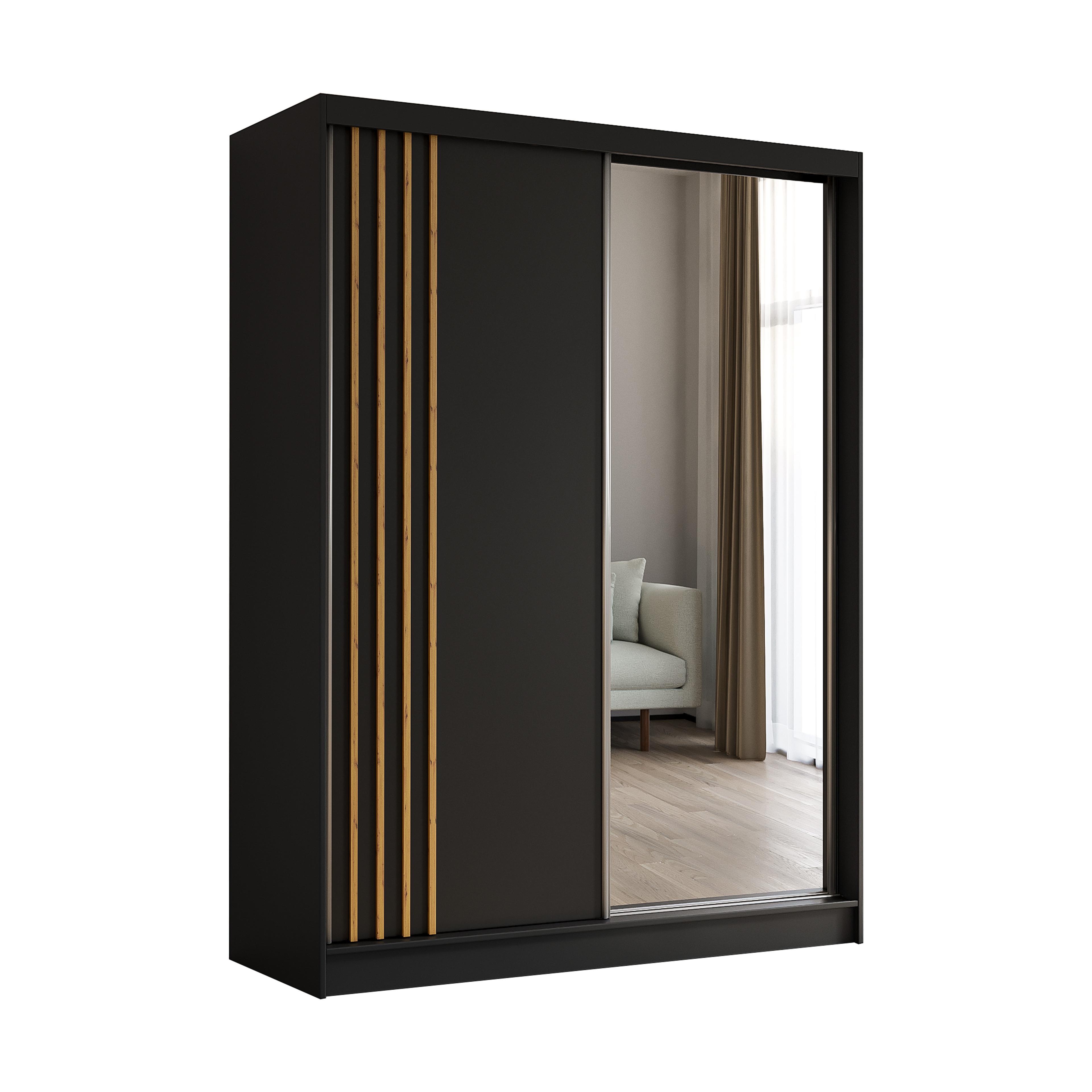 KLEIDERSCHRANK mit Spiegel-Schiebetüren und Aluminium-Leisten - NALLA - 160 cm Schwarz+Schwarz+Artisan - Anthrazit/Eiche Artisan, Holzwerkstoff (160/216/61cm) - ALTDECOR