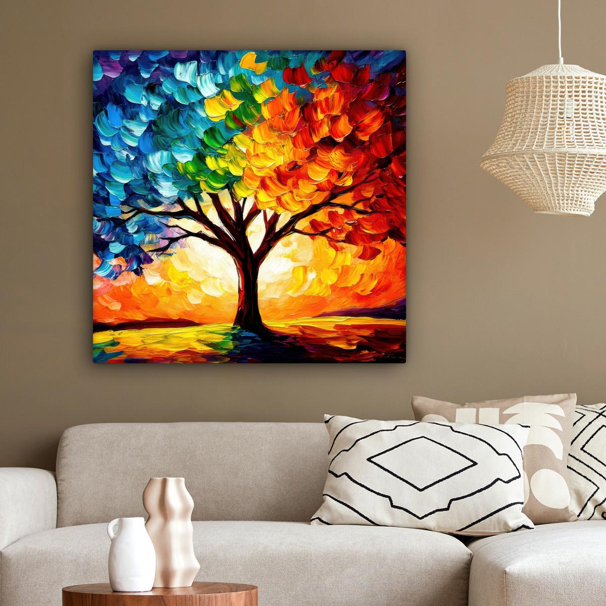 LEINWANDBILD Baum - Kunst - Natur - Sonnenuntergang Deko Groß 90x90 cm - Multicolor, Textil (90/90cm) - MuchoWow