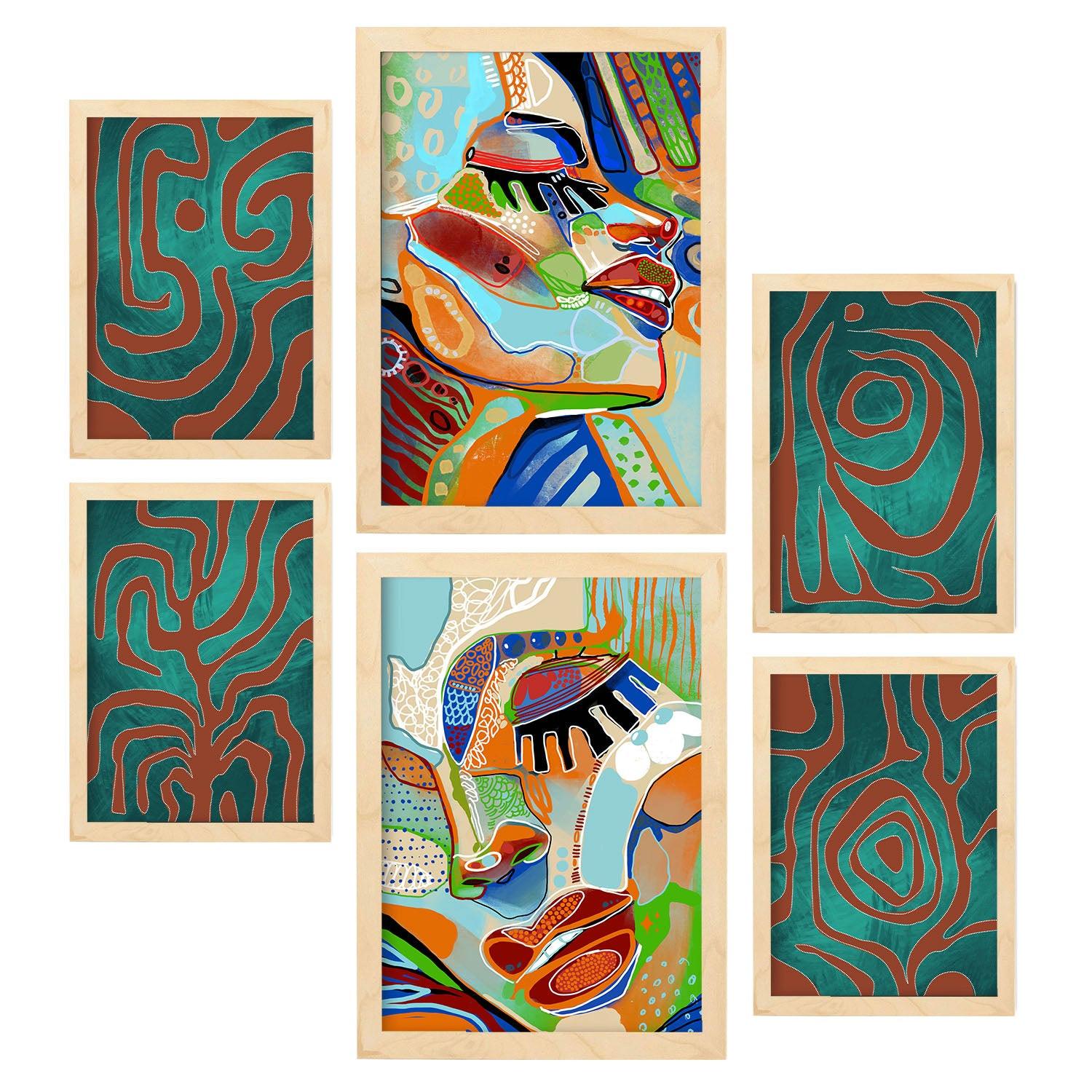 POSTER Set Mit 6 Krasse Formen 1 In Weibliche Zusammenfassung A3 & A4 Rahmen Aus Hellem Holz - Beige, Papier (29/3cm) - Nacnic
