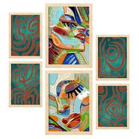 POSTER Set Mit 6 Krasse Formen 1 In Weibliche Zusammenfassung A3 & A4 Rahmen Aus Hellem Holz - Beige, Papier (29/3cm) - Nacnic