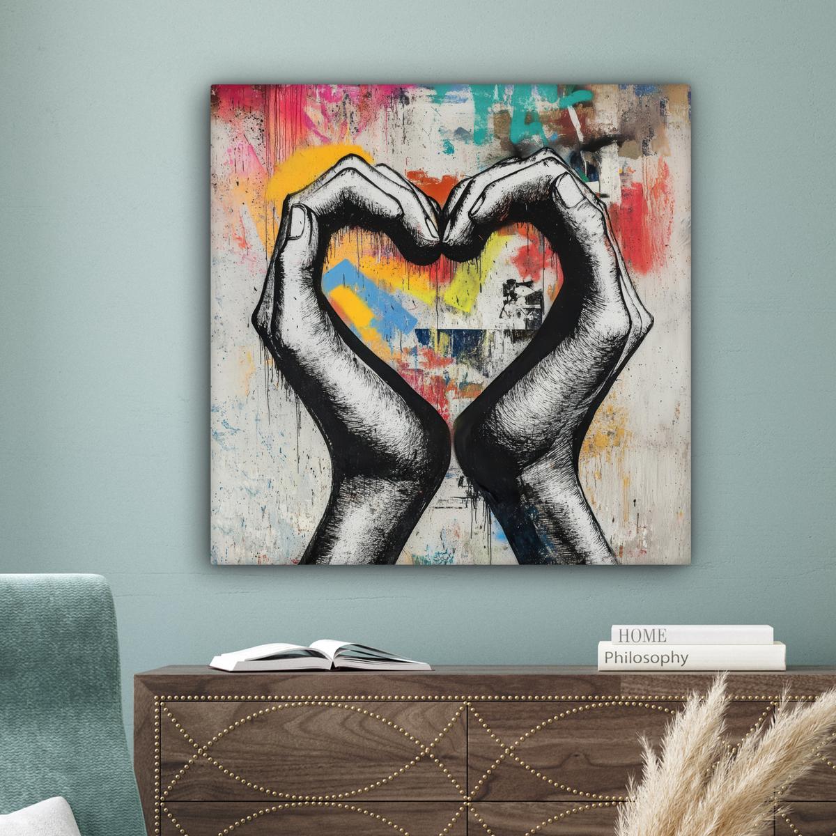 LEINWANDBILD Hände - Herz - Straßenkunst - Graffiti Deko Groß 90x90 cm - Multicolor, Textil (90/90cm) - MuchoWow