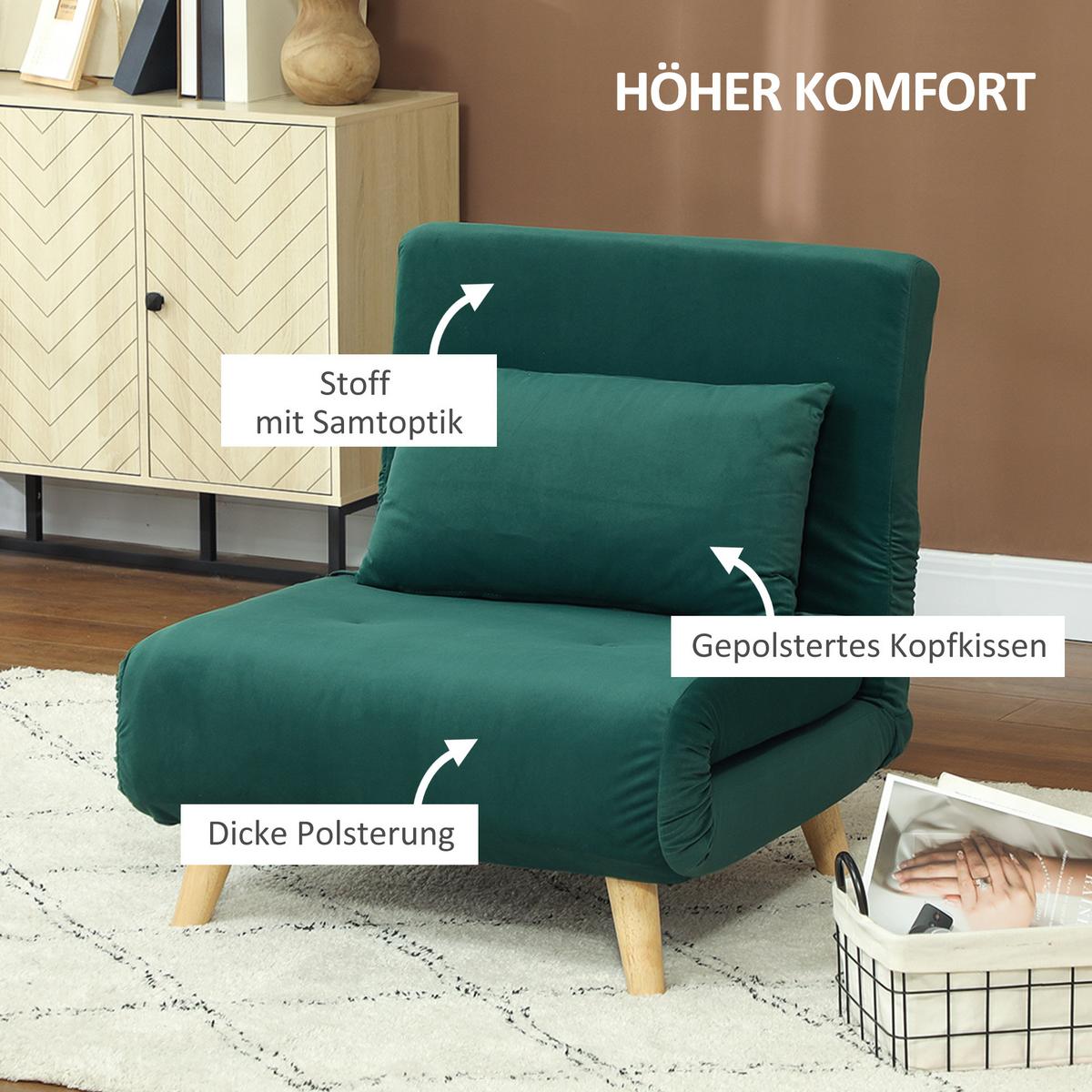 SCHLAFSESSEL, Klappsessel mit Bettfunktion, bis 120 kg belastbar, Dunkelgrün - Dunkelgrün/Naturfarben, Holz/Textil (78/79/72cm) - HOMCOM
