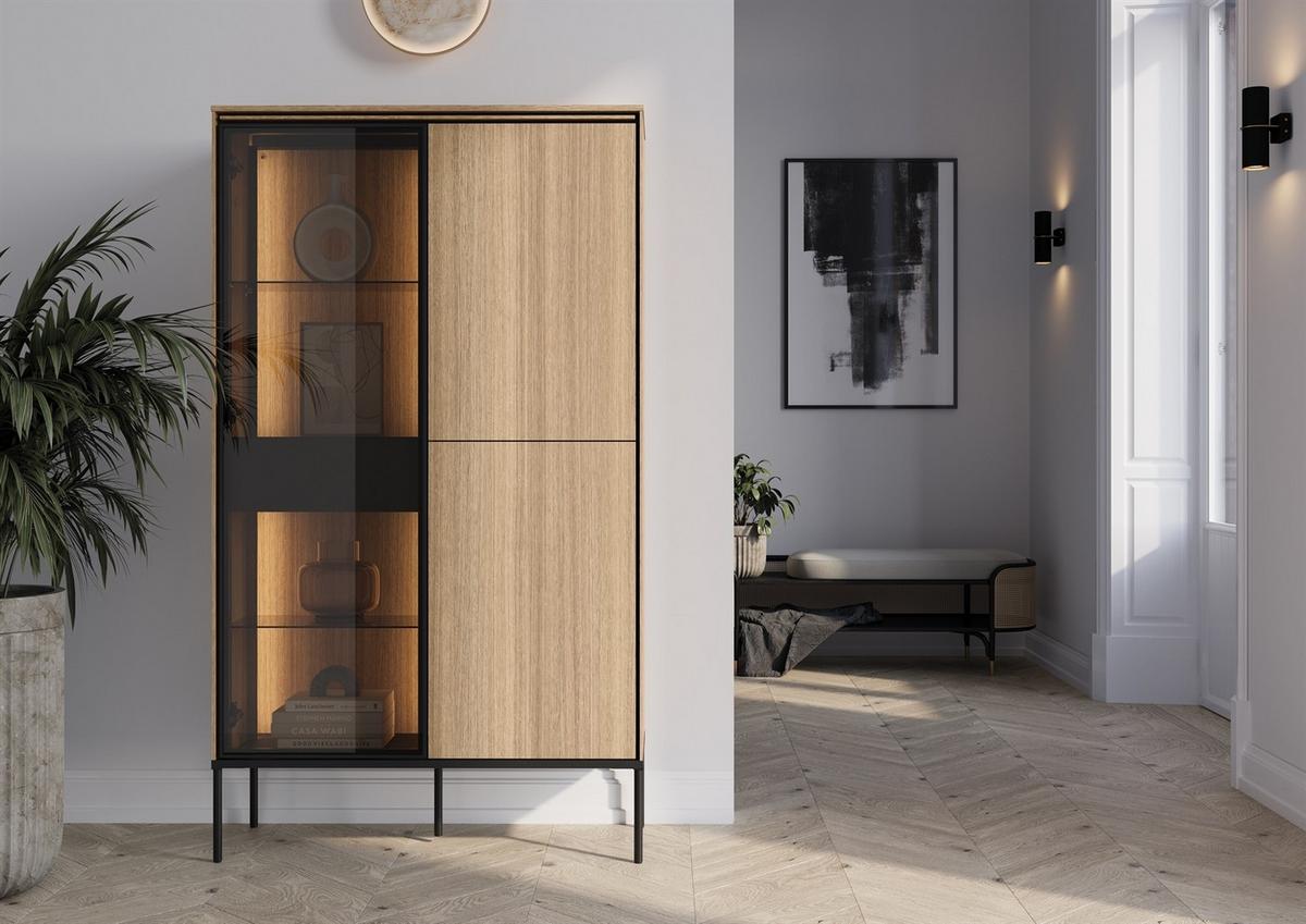 VITRINE VISSO VI-01 mit LED-Beleuchtung Eiche linear - Eichefarben, Holzwerkstoff (91/158/34cm) - Lookway