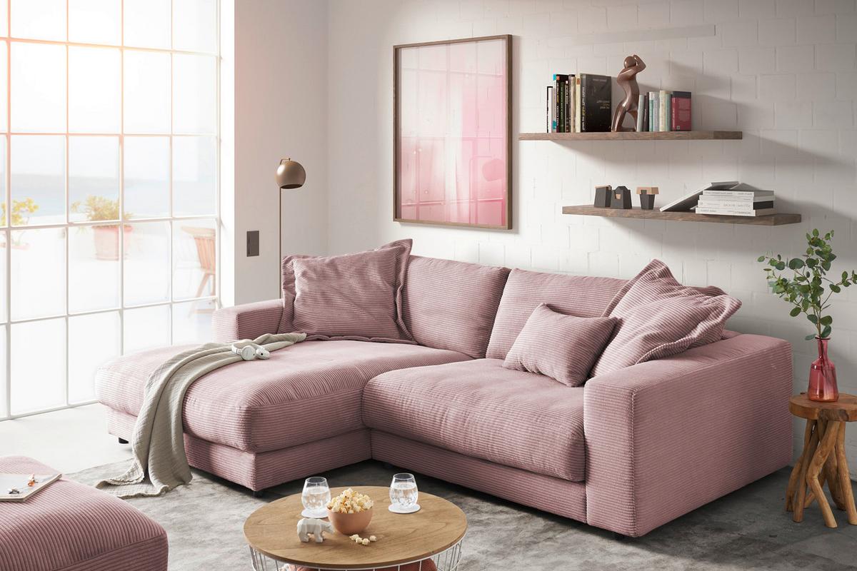 ECKSOFA MADELINE Pink Cord - Schwarz/Rosa, Kunststoff/Textil (270/190cm) - KAWOLA