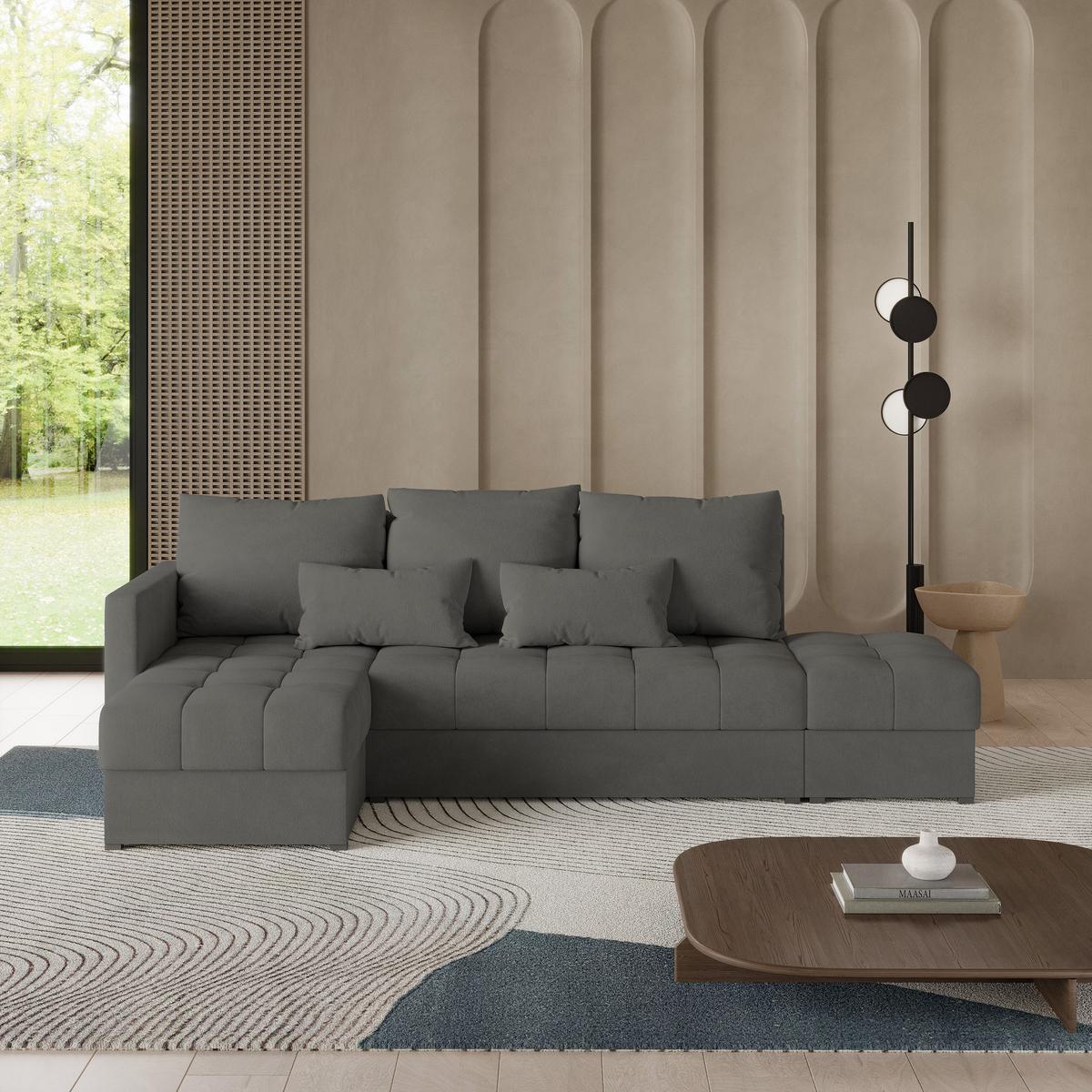 ECKSOFA LUMARI L-S Grau Plüsch-Stoff mit Schlaffunktion - Grau, Holz (262/143cm) - MASSENO
