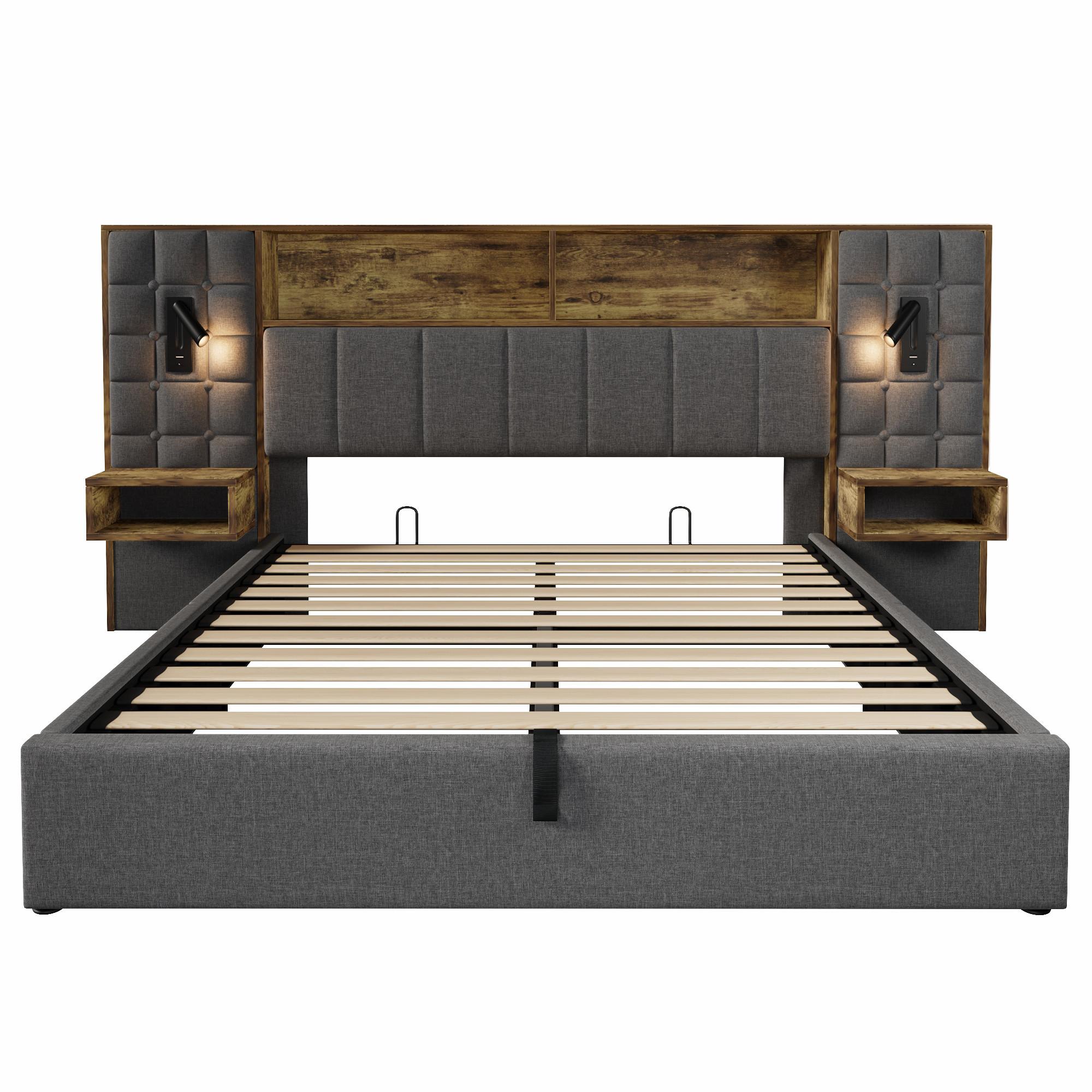 POLSTERBETT 160x200 mit Stauraum LED Nachttische USB Leinen - Grau, Textil (160/200cm) - Urban Meuble