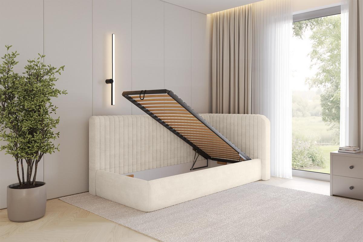 EINZELLBETT Jugendbett mit Bettkasten und Matratze H3/H4, Links - AURY 90x200 Beige - Beige, Holzwerkstoff/Textil (90/200cm) - ALTDECOR