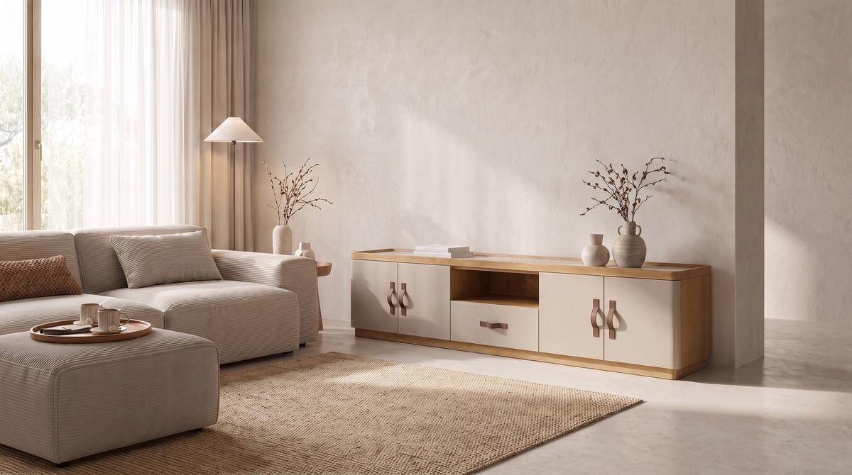 LOWBOARD FLORIANA Weiß Eiche - Creme, Textil (140/200cm) - KAWOLA