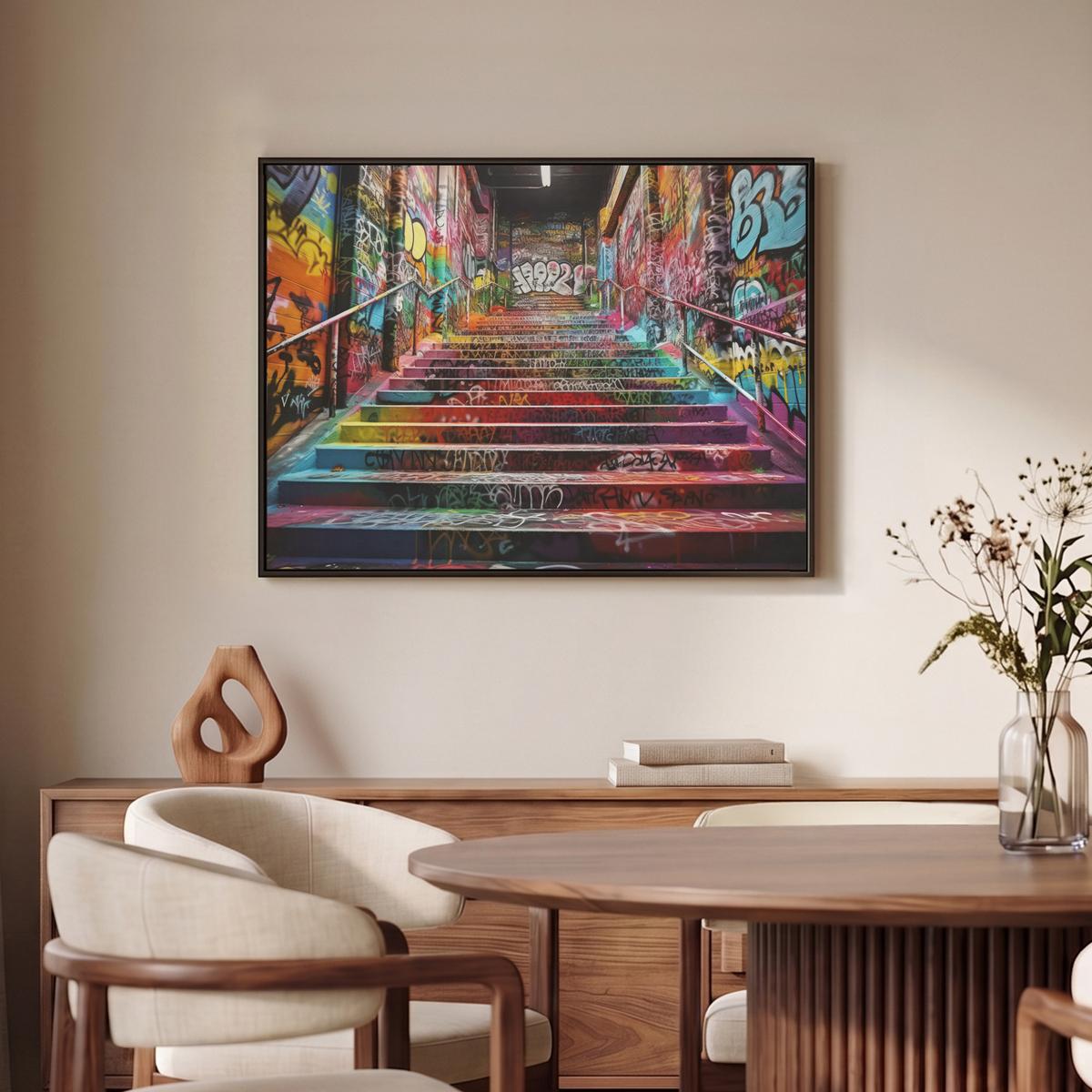 LEINWAND Bilder mit Rahmen - Treppe - Graffiti - Farben - Kunst - 80x60 - Multicolor, Textil (80/60cm) - MuchoWow