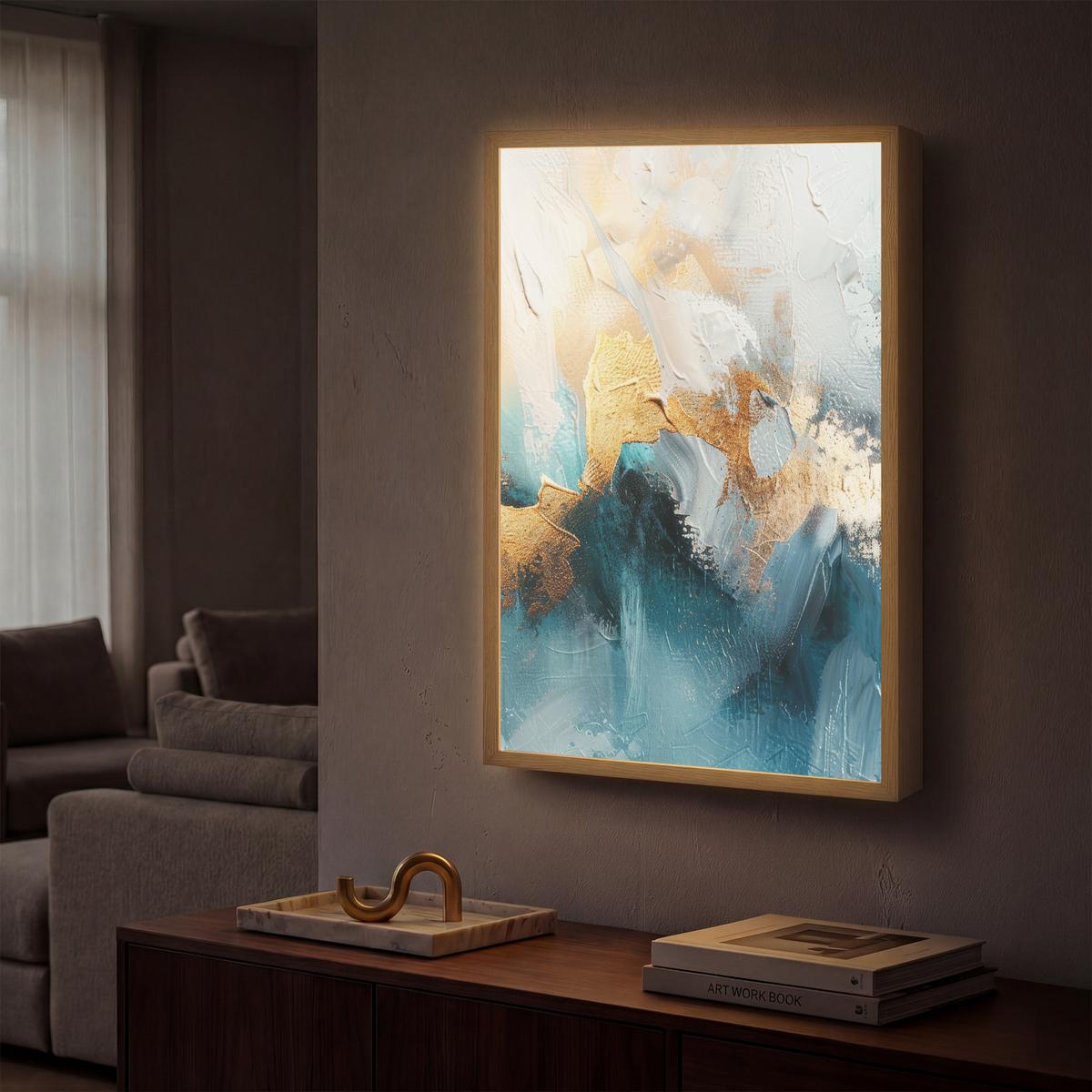 WANDLEUCHTE MIT AKKU Abstrakt - Kunst - Gold - Blau 40x60 cm - Türkis, Holzwerkstoff (40/60/8cm) - OnlyWow