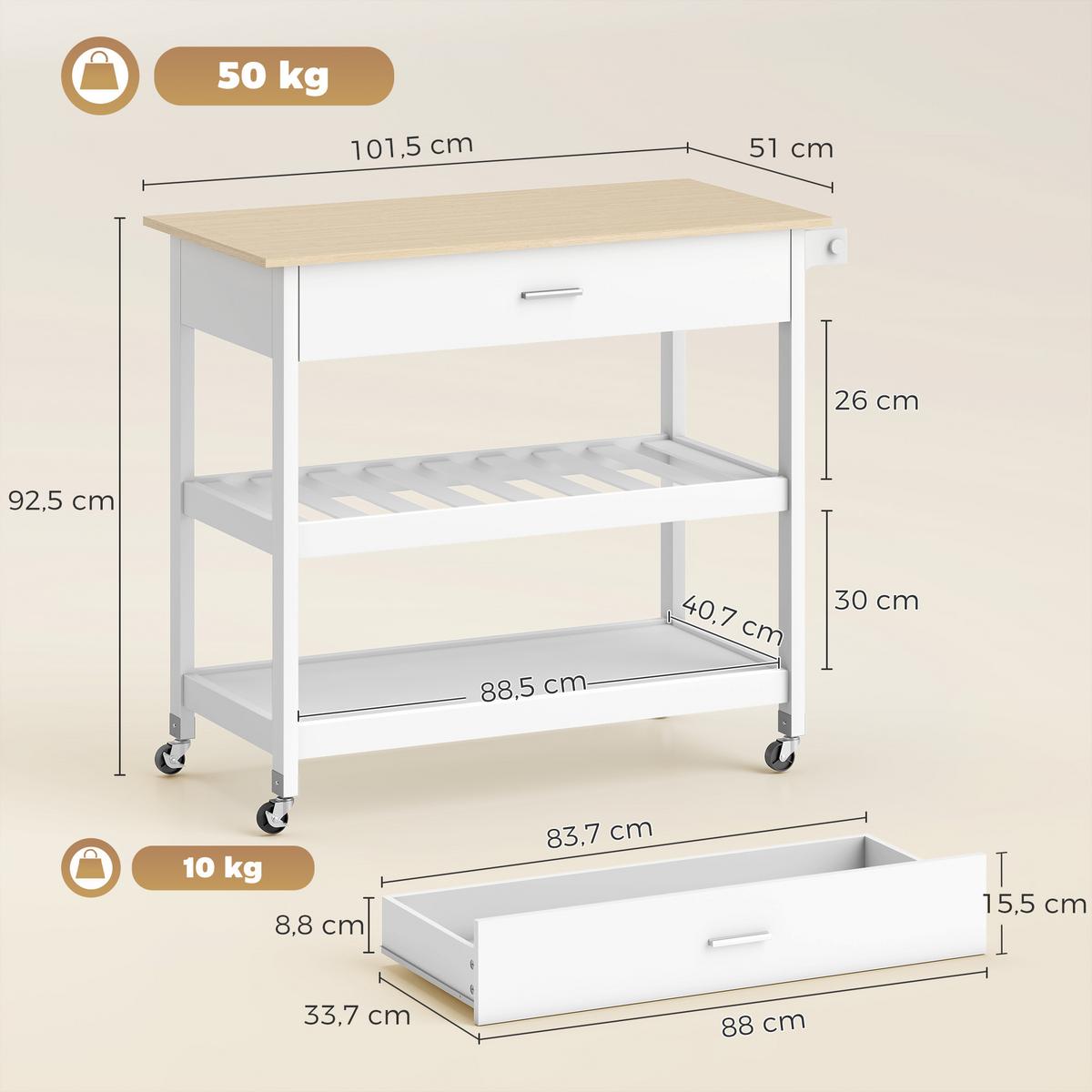 KÜCHENWAGEN MDF Weiß - Weiß, Holzwerkstoff (51/92.5/108.8cm) - HOMCOM