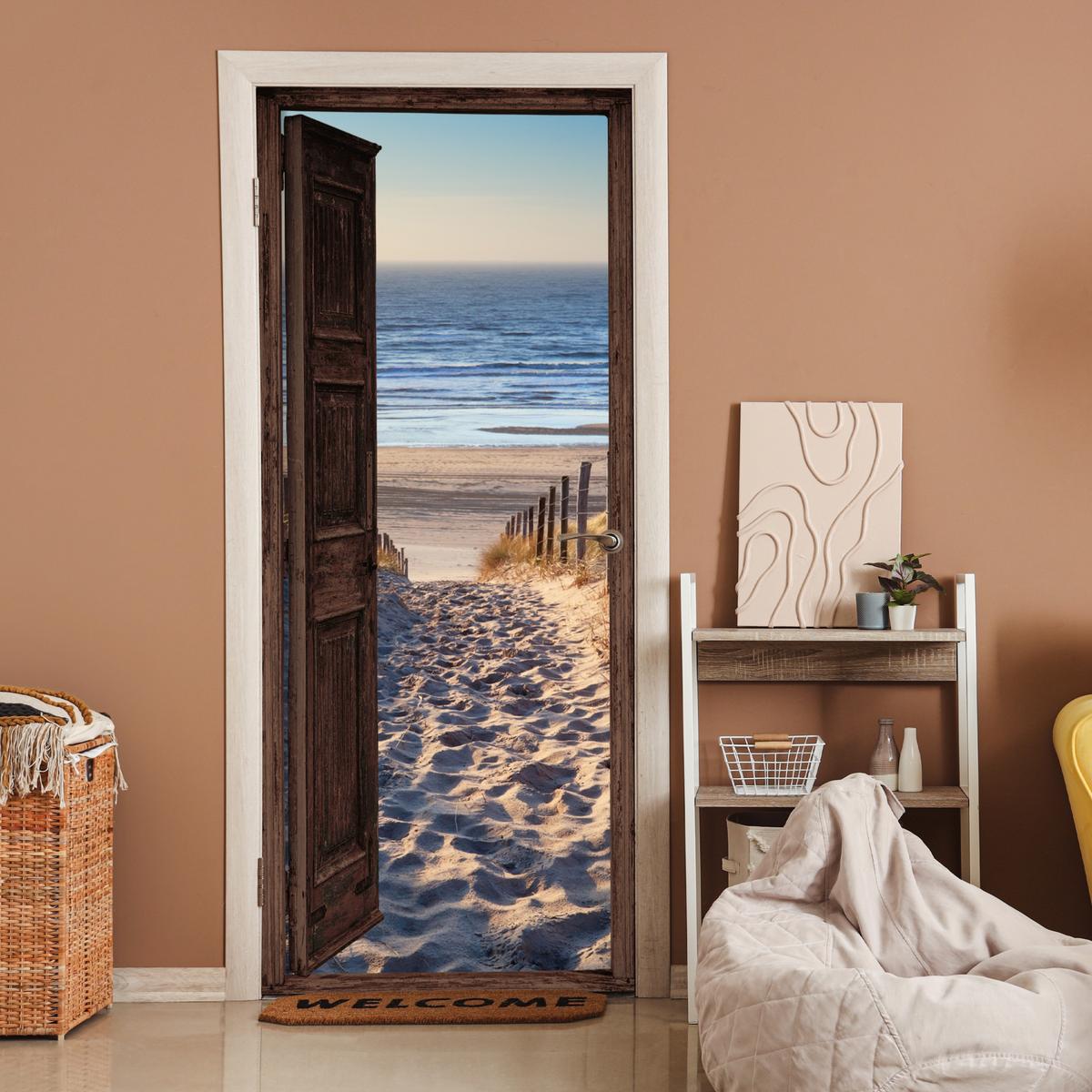 TÜRAUFKLEBER Durchblick - Strand - Meer - Weg - Dünen 90x215 cm - Türtapete - Sandfarben, Kunststoff (90/0.1cm) - MuchoWow