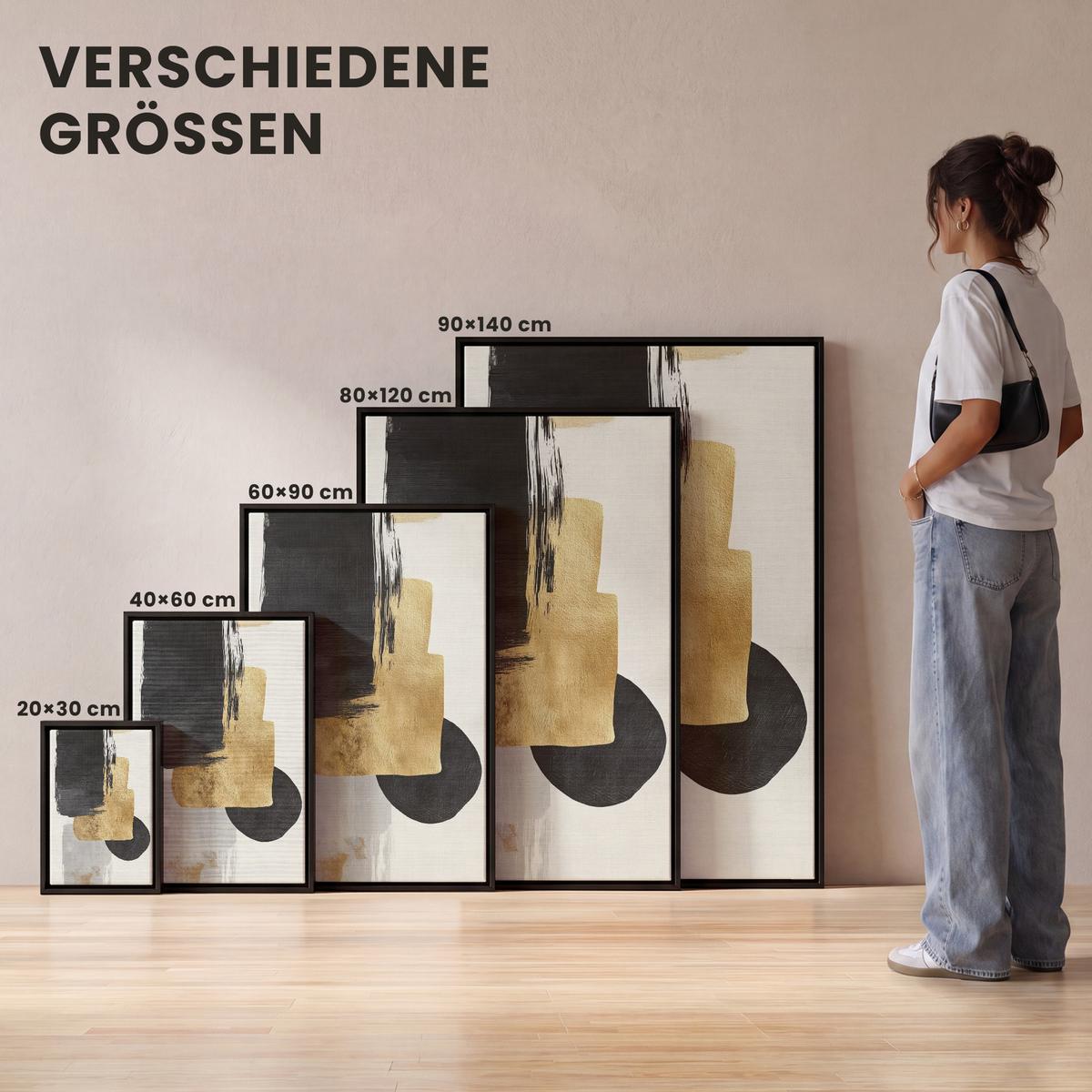 LEINWAND Bilder mit Rahmen - Gold - Rechtecke - Kreise - Abstrakt - 20x30 - Weiß, Textil (20/30cm) - MuchoWow