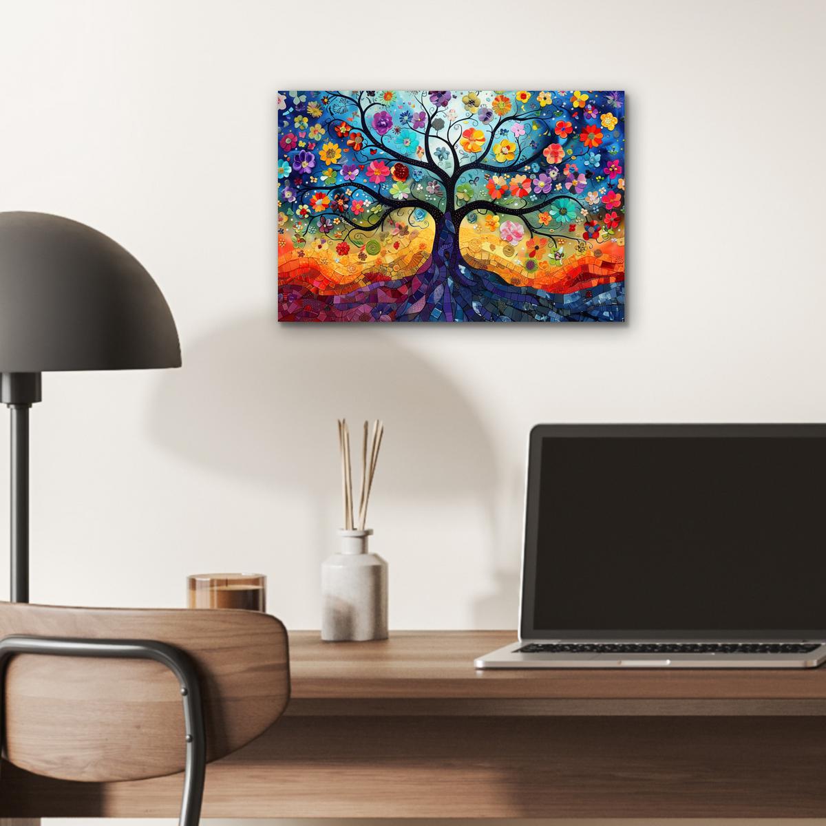 METALLBILD Kunst - Baum des Lebens - Blumen - Hippie 30x20 cm - Dunkelblau, Metall (30/20cm) - MuchoWow