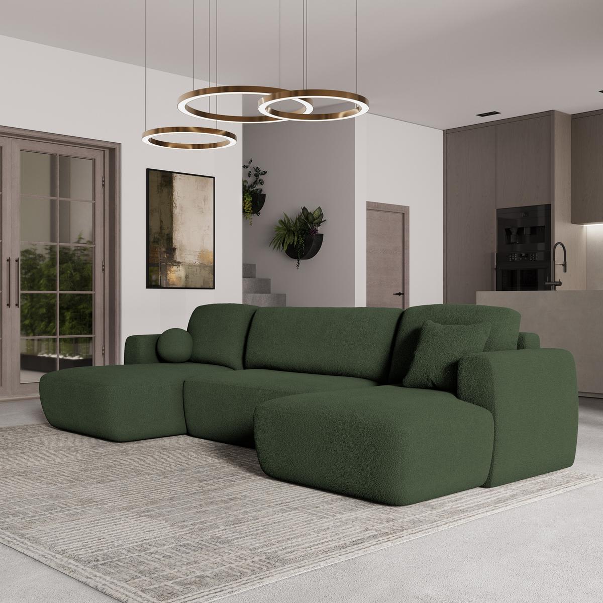 WOHNLANDSCHAFT SENTUM N Grün Boucle-Stoff mit Schlaffunktion - Schwarz/Grün, Holz/Kunststoff (330/90/148cm) - MASSENO